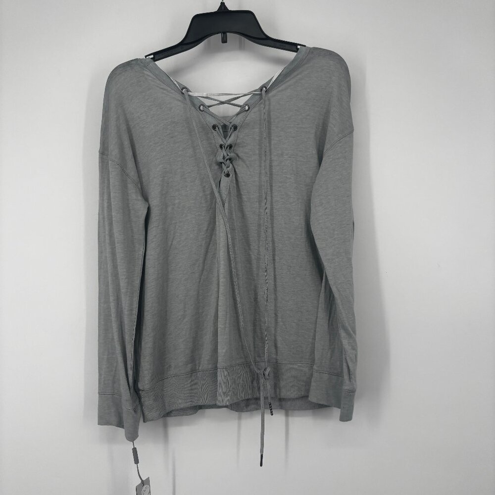 Calvin Klein Women's Lattice Neck Tassel 3/4 Sleeve Sweatshirt Gray Large NWT